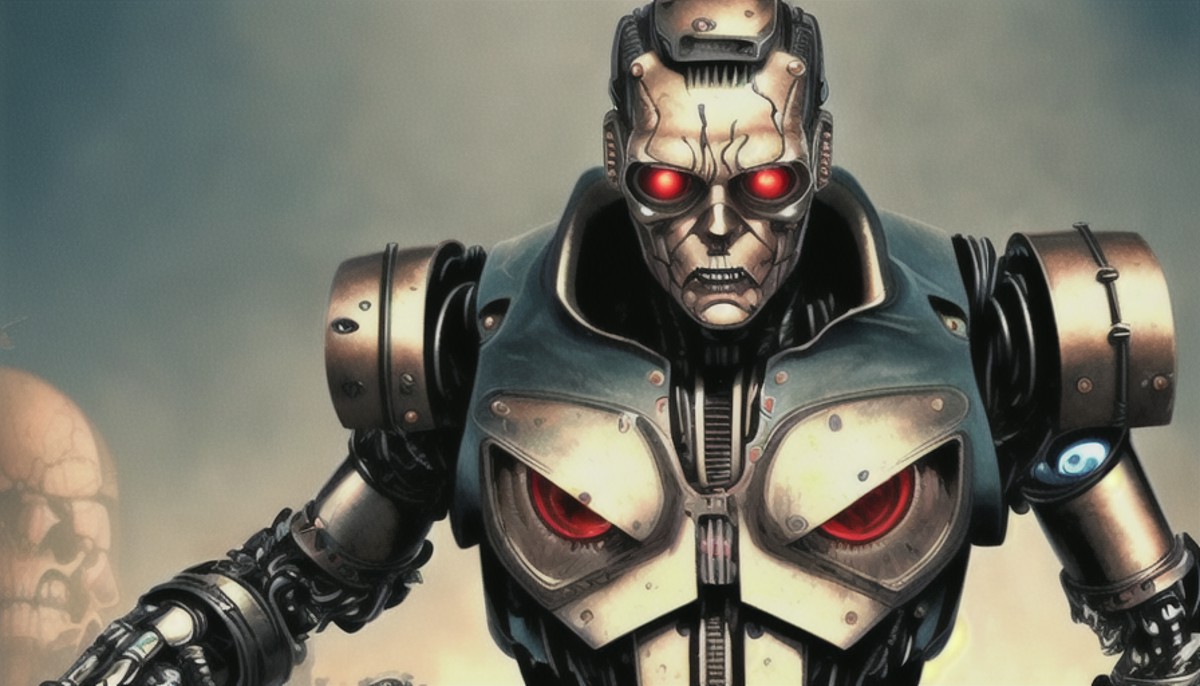 mtompunk, terminator, Frankenstein, a humanoid robot with red eyes